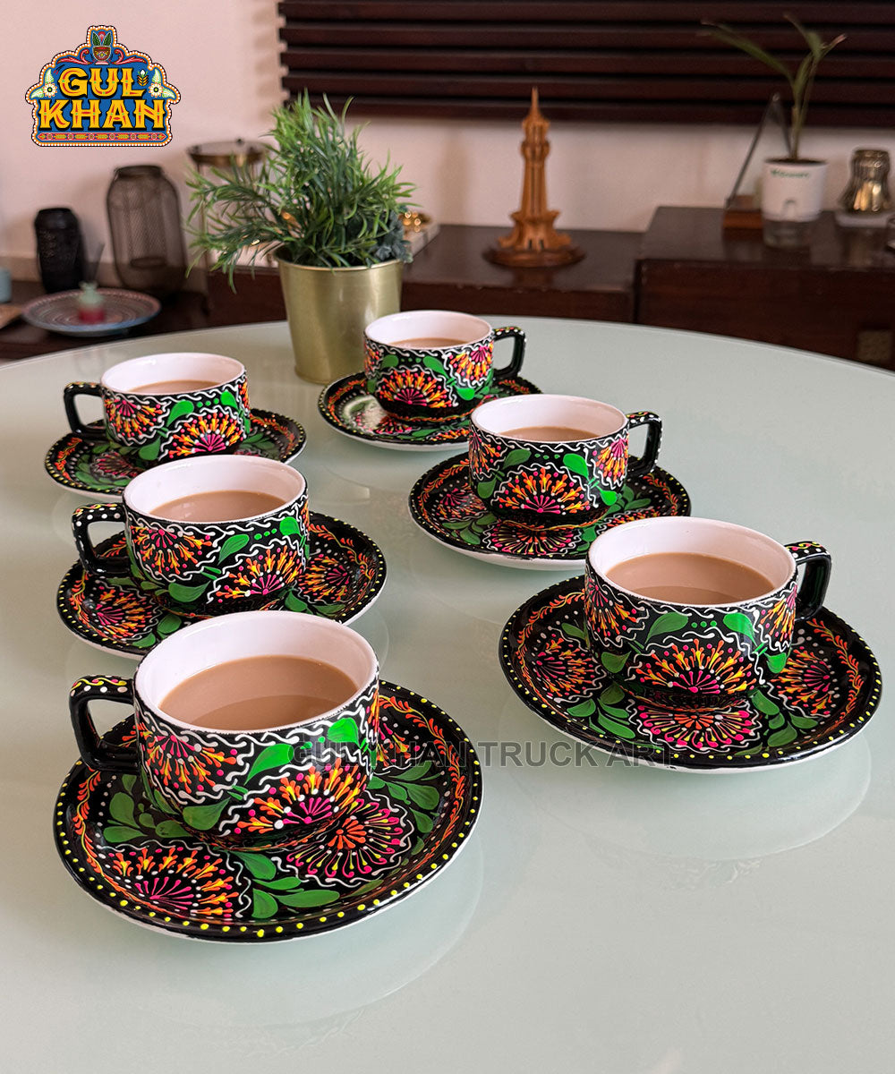 Green & Black Semi Circle Truck Art Handpainted Tea Set