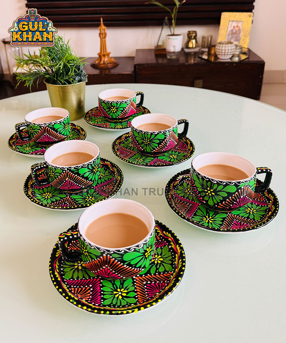 Green & Black Triangular Truck Art Handpainted Tea Set