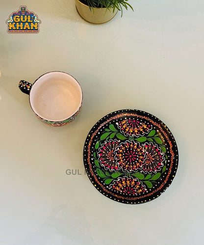 Green & Black Semi Circle Truck Art Handpainted Tea Set