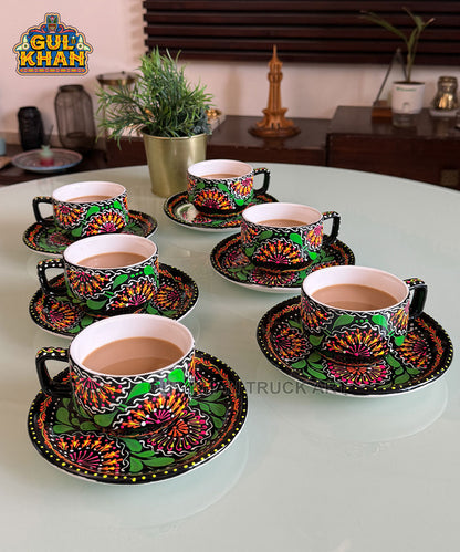 Green & Black Semi Circle Truck Art Handpainted Tea Set